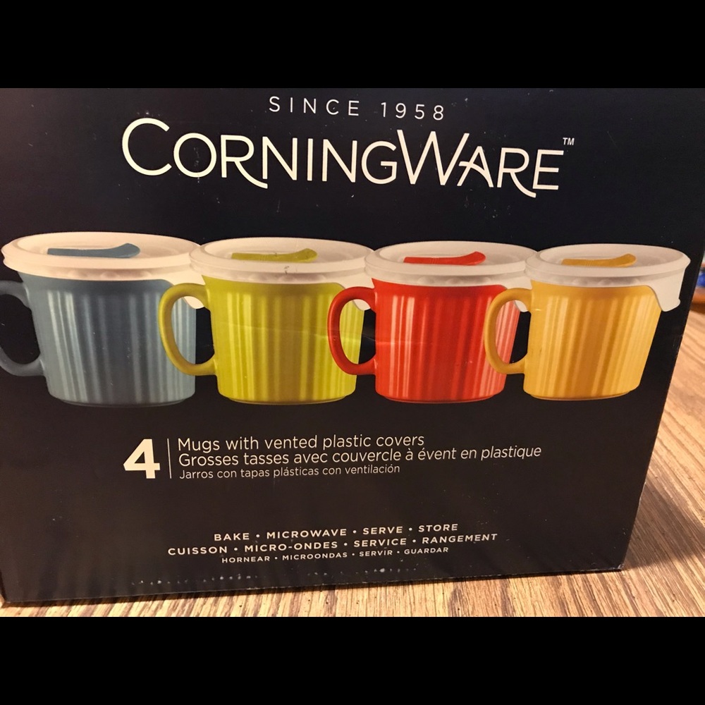 New Corning Ware Mugs with Vented Lids 4 Pc